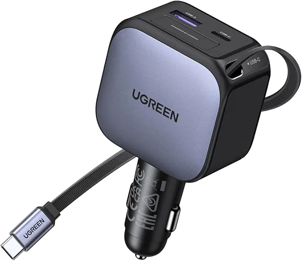 UGREEN 90W Retractable Car Charger, 3 Port USB C Phone Charger Fast Charging with Type C Cable, Cigarette Lighter Adapter Compatible with MacBook, iPhone 17 16 15 Pro Max, Galaxy S25 S24 Ult