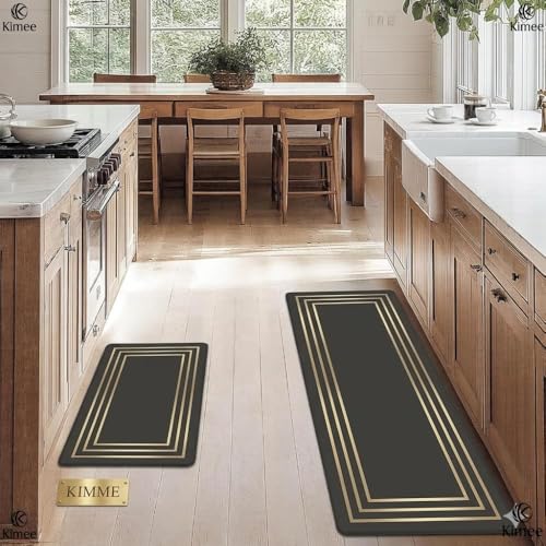 Image of KIMEE Kitchen Runner Mat (40x120 and 40x60cm) - Elegant Gold line Anti-Fatigue Floor Rug, Non-Slip Rubber Backing, Waterproof & Washable Heavy Duty Dirt Trapper for Home, Kitchen, and Hallways