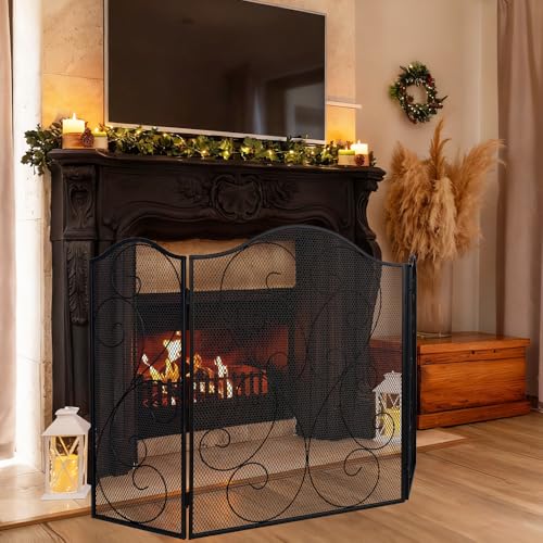 Image of Hogardeck Fireplace Screen, 3 Panel 48 inch x 30 inch Fireplace Cover for Living Room, Decorative Wrought Iron Fire Place Gate for Brick Fireplace, Baby Proof, Pet Safety