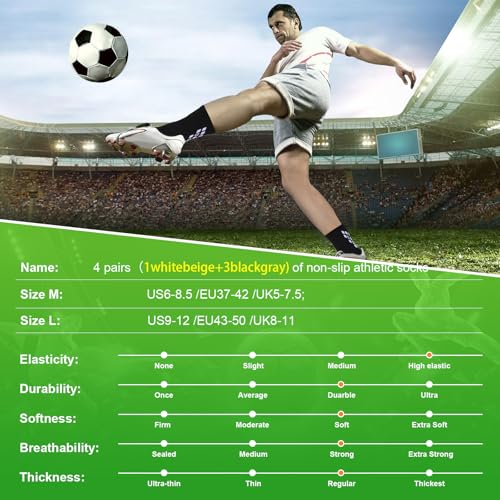 Image of Anti-slip Grip Soccer Football Sports Socks Men Women Cushioned Cotton Crew Socks Yoga 6-8.5 1whitebeige+3blackgray M 4 Pair