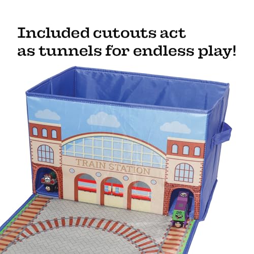 Zany Trains - Train Storage Bin and Play Mat - Wooden Railway Take-Along Storage Box with Train Tracks Design - Two in One Collapsible Toy Car Storage with Station - Car Garage Fabric Bin