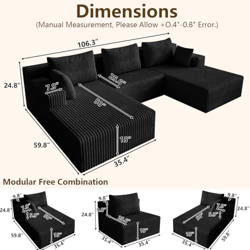 Image of 107 inch Modular Sectional Sleeper Sofa, Boneless Cloud Couch for Living Room, U Shaped 3 Seat Sofa with Deep Seat, Free Combination, Couch in a Box, No Assembly Required (Black)