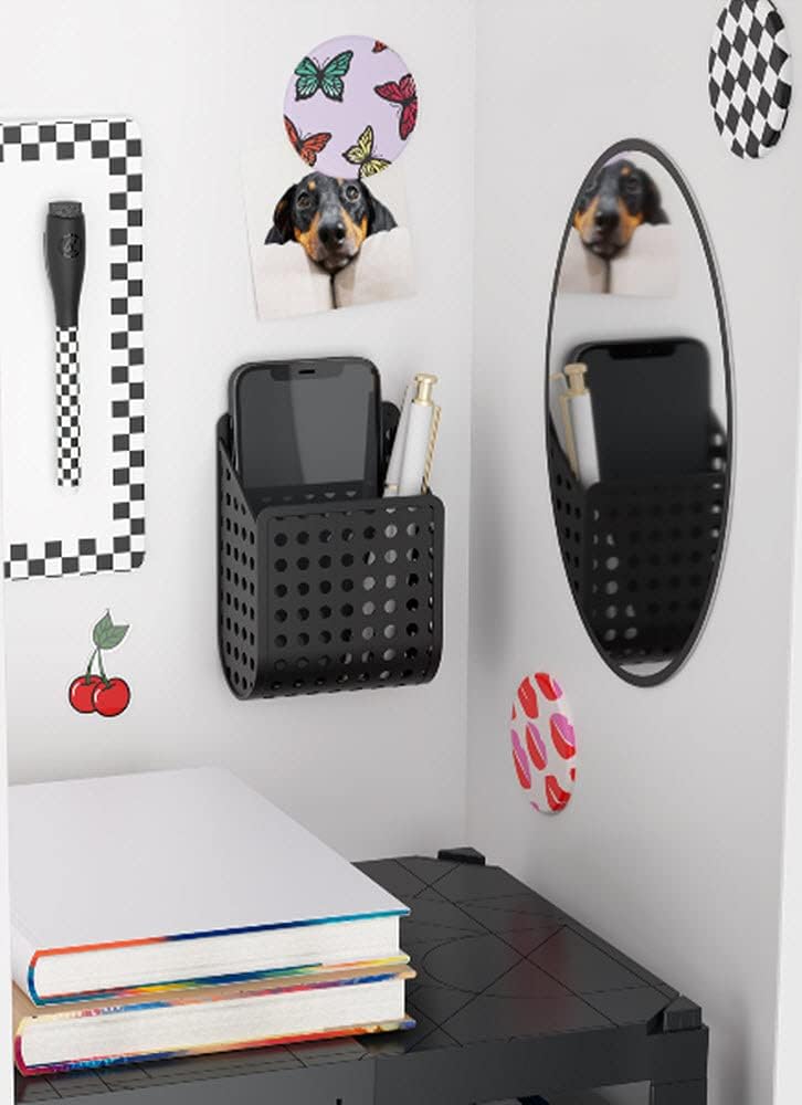 Locker Accessories Kit, Back to School Essentials, 6-Piece Set, Includes Whiteboard, Mirror, Organizing Supplies and 12 Inch Tall Shelf (Black Checked Kit with Shelf)