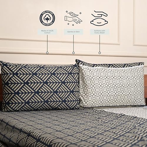 Image of Amazon Brand - Umi Cotton Fitted Bedsheet, Queen Size 78x60 Inches, Elastic Fit Bed Sheet, 10 Inch Deep Pocket, Soft Breathable Bedding, Durable Easy Care, with Pillow Cover-Midnight Maze