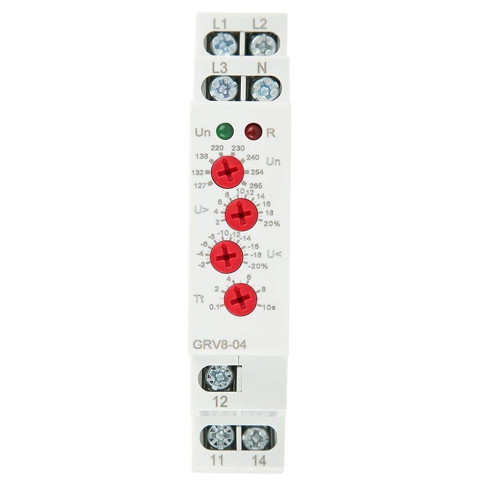 Relè di monitoraggio tensione, Relè di protezione per il monitoraggio della tensione trifase a 4 fili regolabile con sequenza di fasi/protezione guasto, DIN 35mm[Classe di efficienza energetica A]