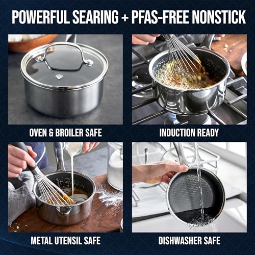 Image of Blue Diamond Hybrid Nonstick Stainless Steel 1.57QT Saucepan with Glass Lid, PFAS-Free Ceramic Diamond Bond Pot, Dishwasher Safe, Stay-Cool Handle, Induction Ready, Compatible with All Cooktops