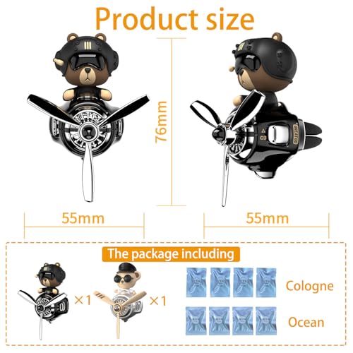 Image of 2Pcs Car Air Fresheners, Cute Bear Pilot Automotive Air Outlet Creative Car Perfume Diffuser, Automotive Accessories Air Vent Decoration with 8 Fragrant Tablets (Black 1+Silver 1)