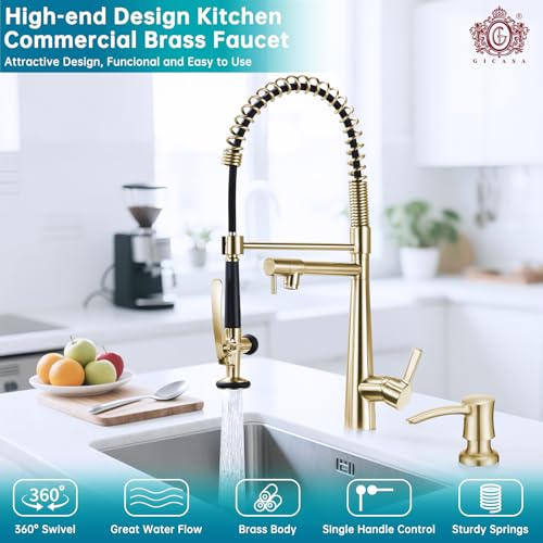 Image of Copper Kitchen Faucet, Solid Brass Brushed Gold Kitchen Faucet, Heavy Duty Spring Pre-Rinse Single Handle Kitchen Faucets with Pull Down Sprayer and Pot Filler, Commercial Style Sink Faucet