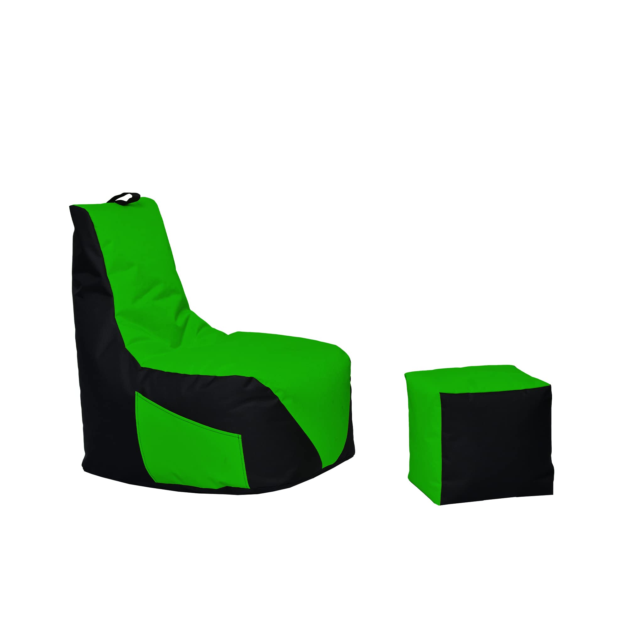 Gaming Sitzsack - mit Lehne Sitzkissen - Beanbag - mit Reißverschluss - BodenKissen Sessel In- & Outdoor geeignet - Gaming mit PC Xbox & PlayStation (Schwarz - Grün, Sitzsack + Hocker)