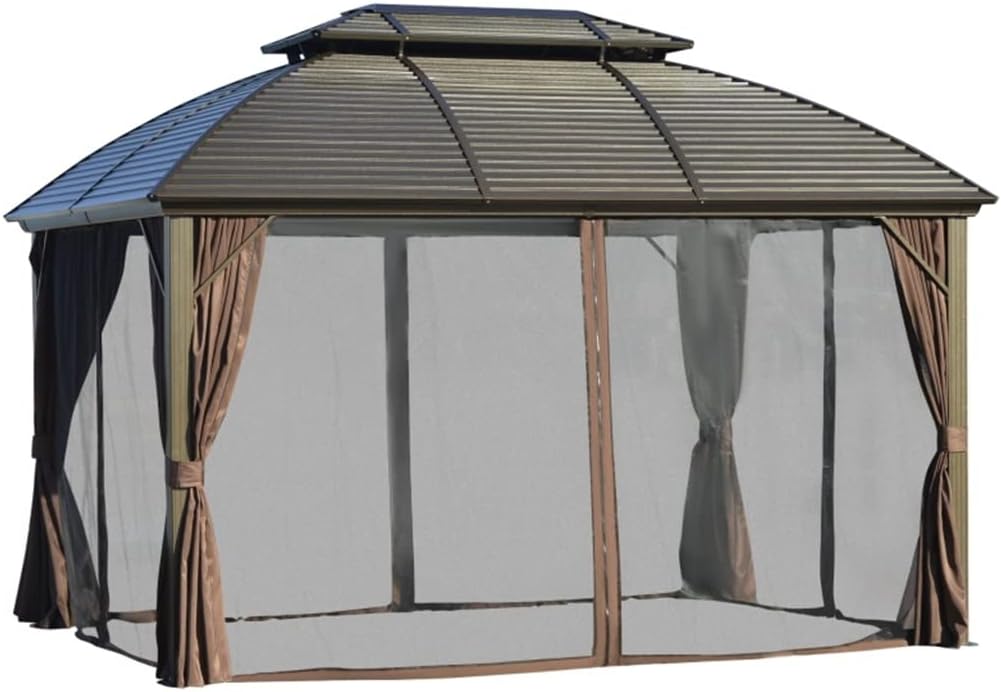 10x12 Hardtop Gazebo with Aluminum Frame, Metal Roof Gazebo Canopy with Curtains and Netting for Gardens, Patios