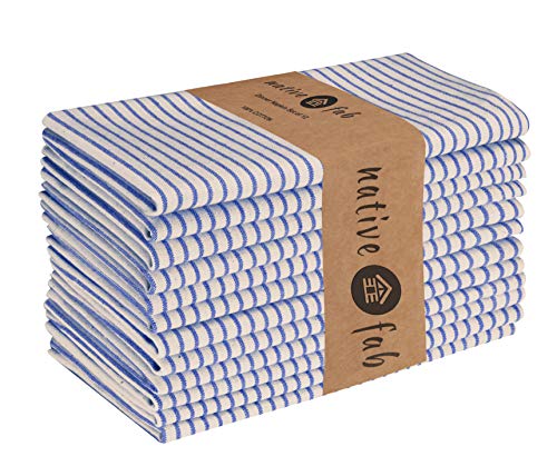 Native Fab Set of 12 Farmhouse Stripe Cloth Dinner Napkins Cotton 18x18 Absorbent Soft Restaurant Hotel Quality, Everyday Use Easy Care Washable Wedding Dinner Napkins Blue Beige