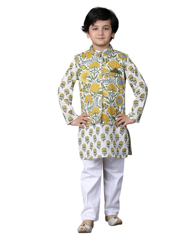 Image of superminis Boys Cotton Printed Full Sleeves Kurta With Ajrakh Printed Jacket and Pyjama Set