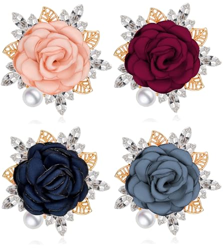 Image of 4Pcs Rose Flower Brooch Pin Handmade Crystal Pearl Fabric Flower Boutonniere Lapel Pin Wedding Party Dance Dress Suit Clothing Accessories for Women Pink Red Blue Grey Color