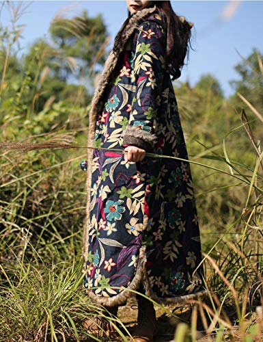 Luzu Junu Lzjn Women's Warm Long Overcoat Hooded Winter Quilted Parka Outwear With Faux Fur Collar Jackets (Blue With Leaves And Flowers) #TOP6