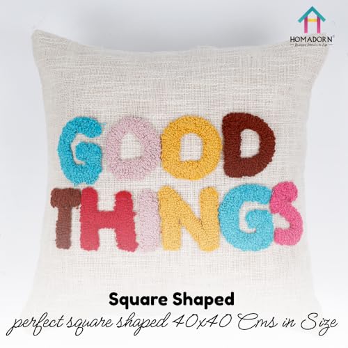 Image of HOMADORN 100% Cotton Hand Tufted Cushion Cover | Text Pattern Decorative Pillow Case | Boho Sofa Cushion Cover for Living Room | Soft & Durable | (16x16 Inches) (1, Good Things Multicolor)