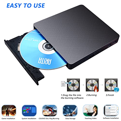 Image of HATOKU External CD DVD Drive for Laptop, USB 3.0 and USB-C Portable Burner Writer, 8X DVD and 24X CD Reader Player, Plug and Play Optical Drive for Windows 11 /10 /8 /7, MacBook, Desktop, MacOS Linux
