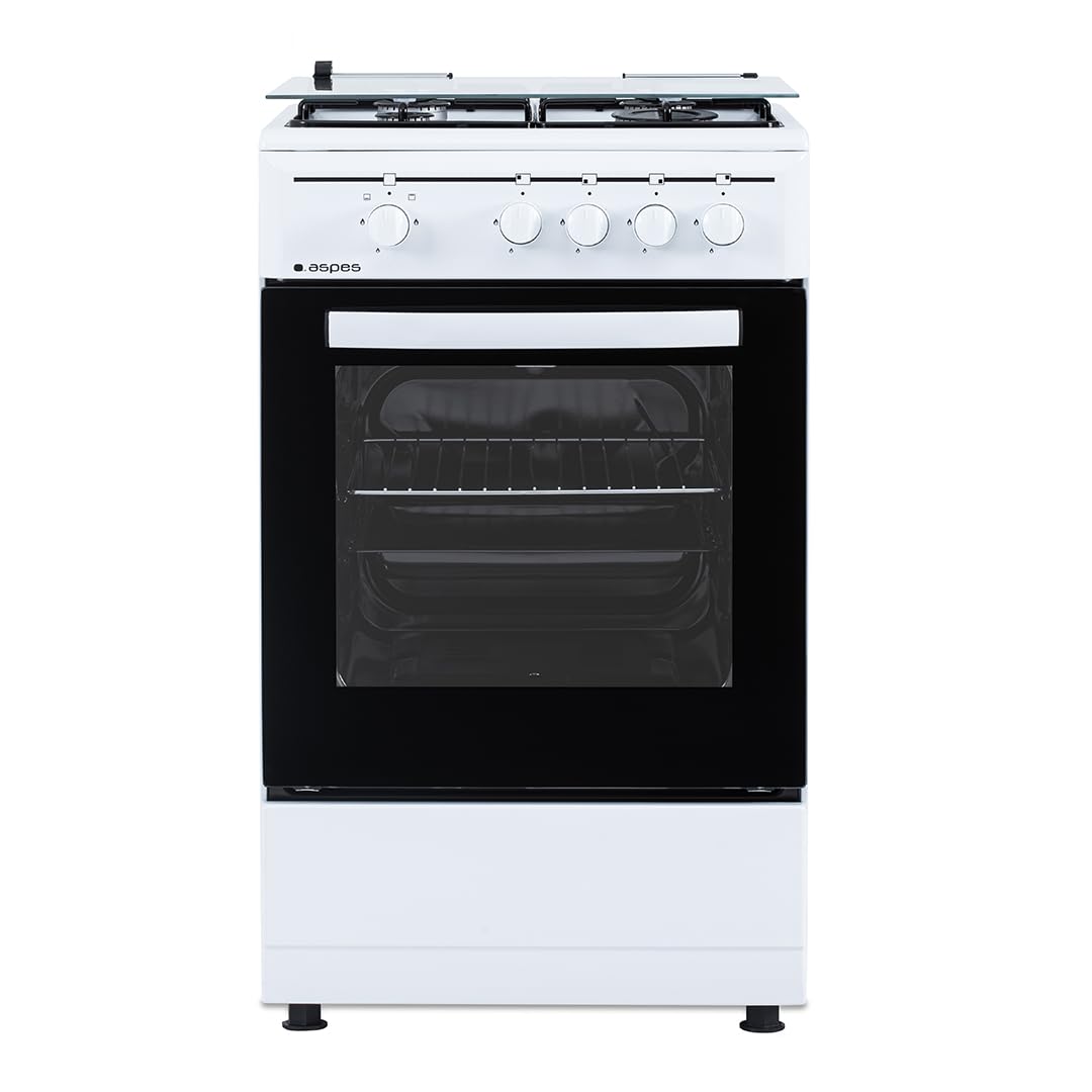 Aspes Cocina Gas Butano, 4 Zonas de Cocción, Horno 55L, Blanco, AKG4501. Control Manual, 2 Programas de Cocción, Compartimento Bombona, Cristal en Puerta Doble Capa, Tapa Abatible