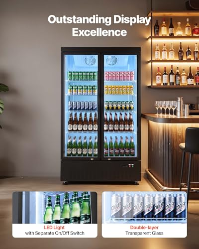 Image of VEVOR Commercial Merchandiser Refrigerator, 29.3 Cu.Ft / 830L Upright Beverage Cooler, 2 Glass Door Display Refrigerator with 8 Adjustable Shelves, Soft LED Light & Casters for Bars Shops Supermarkets
