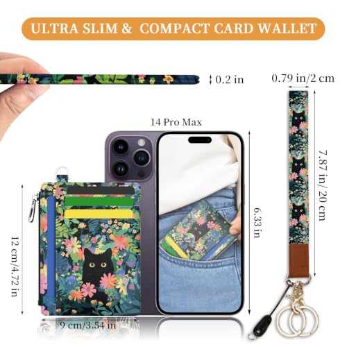 Image of Hancynir Black Cat Slim Wallet Women Credit Card Holder Wristlet RFID Small