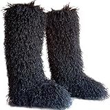 Valpeak Faux Fur Tall Furry Boots for Womens,Long Winter Boots for Girls,Mongolian Fluffy Boots for Kids Fuzzy Knee-High Boots(LongMongolianBlack,8)