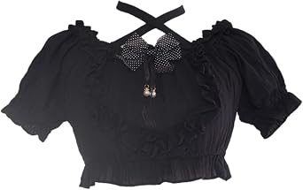 Sweet Lolita Puff Short Sleeve Blouse Teen Girls Japanese Gothic Ruffle Halter Neck Soft Crop Top with Bow Black, White, Medium