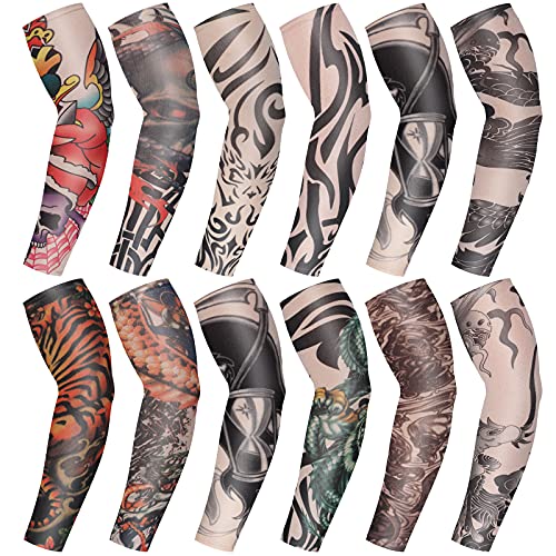 BBTO Set de Mangas de Tatuaje de 12 Piezas Mangas de Brazo de Protección Solar Falsas Guantes de Brazo de Flor de Elasticidad Suave para Ciclismo (Patrón de Líneas)