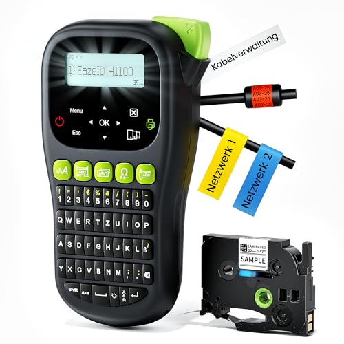 EazeID Industrielles Beschriftungsgerät, Handgerät Etikettiergerät mit QWERTZ Tastatur, LCD-Hintergrundbeleuchtung, 3 Kabelmodi, Laminierte Bänder, Tragbares Etikettendrucker für Kabel Büro, H1100