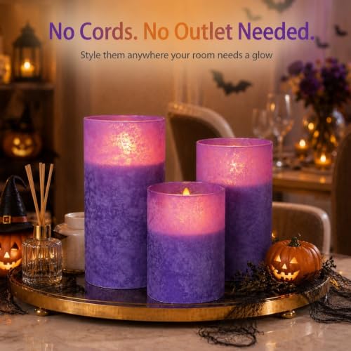 Image of Purple Flameless Candles Remote Timer Halloween Decor Set of 3 | Purple Sandblasted Glass, Warm White LED Glow, Real Wax, 10 Key Remote, 2 4 6 8 Hour Timer, 3 Sizes