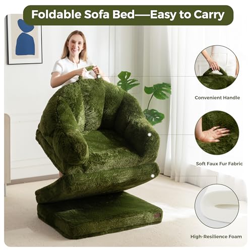 Image of MAXYOYO Folding Sofa Bed, 2 in 1 Convertible Sofa to Lounger Comfy Single Bean Bag Chair for Adults, Floor Couch with Handle, Faux Fur Couch Bed for Living Room Bedroom, Green