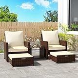 Suvivityse 5 Pieces Wicker Patio Furniture Set, Rattan Patio Conversations Sets, Patio Bistro Set with Ottoman and Table for Garden, Poolside, Backyard (Brown)