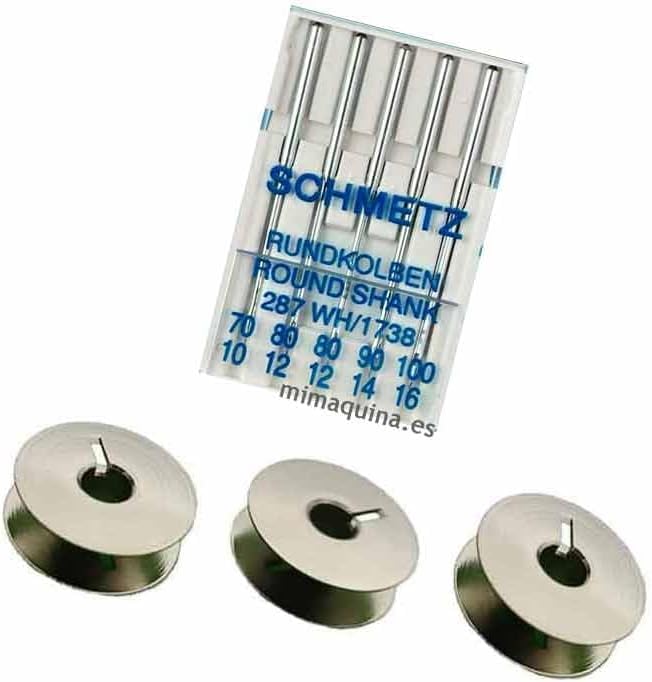 Pack Agujas surtidas 5 unidades y 3 canillas para Refrey Transforma, Refrey 427, Refrey 430. Agujas de talón redondo 287/1738.