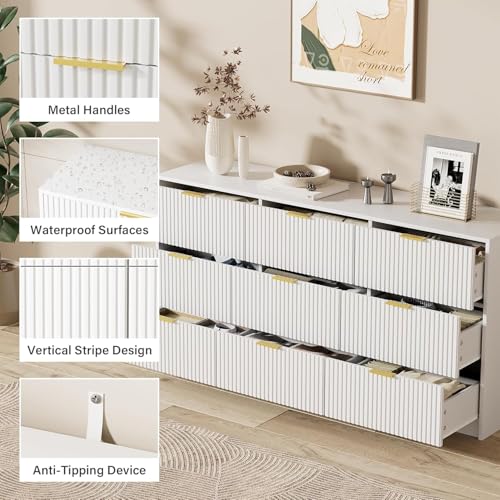Image of Furniway 9 Drawer White Dresser for Bedroom, 63 inch Modern Fluted Dresser with Gold Handles and Smooth Slides, Wide Chest of Drawers for Closet, Living Room, Hallway