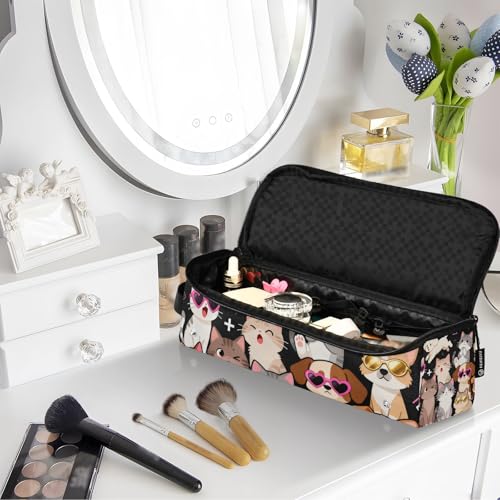 Estuche de viaje 2-en-1 para plancha y rizador con mat heat resistant, impermeable, portátil, diseño de gatos y perros en estilo cartoon miniatura 7