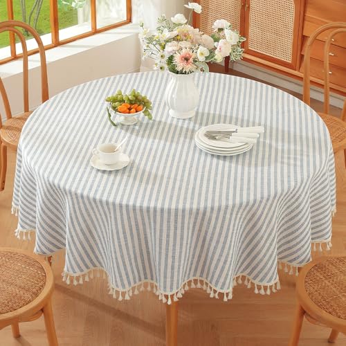 Plenmor Leinen Tischdecke Baumwolle, Leinenoptik Tischdecke Abwaschbar Table Cloth Boho Tischdecke Rund für Küchentisch und Outdoor Tischtuch (Blau, 140cm)