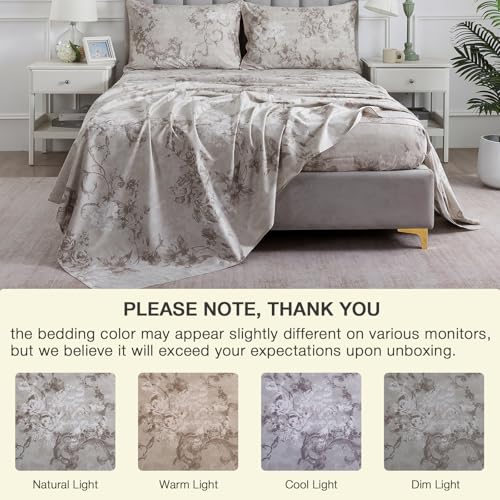 Image of Gray-Beige Vintage Floral Percale Bed Sheets Full Size Deep Pocket | 100% Cotton Dark Flower Farmhouse Sheets, Shabby Chic Neutral Printed Sheet Set, Luxury Designer Bedding, Soft Crisp, 4Pcs