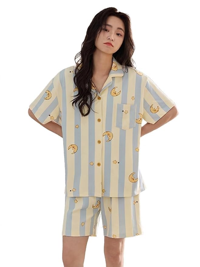 Westonwings Women's 2 Piece Striped Printed Night Suit, Half Sleeve Button Down Shirt & Shorts Pajama Set, Soft Lounge Wear (Free Size)-image-6