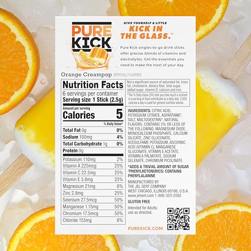 Image of Pure Kick Hydration Singles To Go Drink Mix, Orange Creampop, Includes 12 Boxes with 6 Packets in each Box, 72 Total Packets