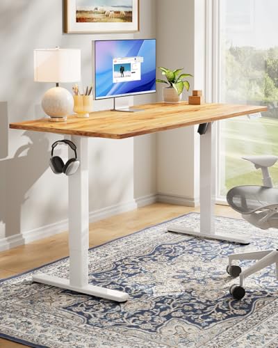 Image of HUANUO Electric Standing Desk, Whole Piece Desktop, Adjustable Height Computer Desk, 4 Height Memory Settings, Sit Stand Up Desk for Home Office, 48 inch x 30 inch, Light Vintage