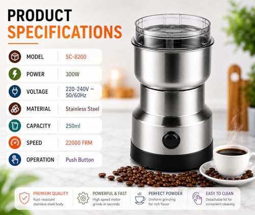 Image of Electric Coffee Grinder & Spice Grinder, 300W Fast Grinding with Stainless Steel Blades | for Coffee Beans, Spices, Seeds, Herbs | Dry Food Mill | Mini Kitchen Grinder