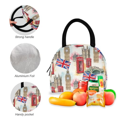 Kids Bag Set Waterproof Cooler Bag, Kids Backpack with Lunch Box, London Icons Vintage4
