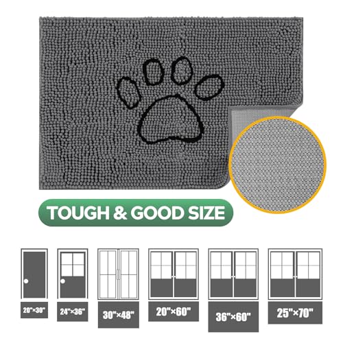 Dog Door Mat for Muddy Paws, Pet Rug Chenille Absorbent Outdoor Doormat 30"x 20", Non Slip Heavy Indoor Doormat Soft Front Inside Doormats for Entryway, Mud Paws, Patio,Dog Paw Black Grey