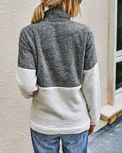 BTFBM Womens Sherpa Pullover Quarter Zip Long Sleeve Fluffy Soft Fleece Jackets Sweaters Sweatshirts Hoodies Outwear Coat (Grey, Large)