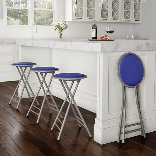 Image of Lavish Home Folding Stool with Padded Backless Seat Set of 4, Blue, 24 inch | Counter Height Bar Stools with 225lb Capacity, Portable Indoor & Outdoor, Extra Seat for Kitchen, Rec Room or Camping