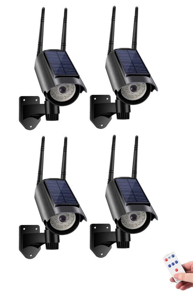 Fake Security Camera Powered by Solar Battery, Motion-Activated Floodlights, Realistic Look, Easy to Install, IP66 Waterproof, Warning Sticker Included, Pack of 4(Black)