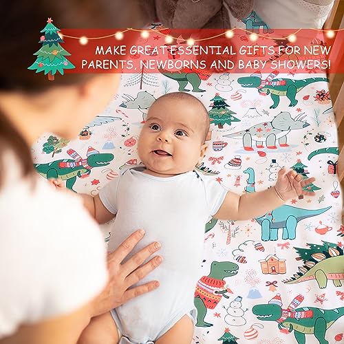 Image of JISEN Baby Crib Sheet 1 Piece Portable Fitted Crib Sheet for Standard Crib and Toddler Mattresses Nursery Bed Decor for Boys Girls 28x52 Christmas Dinosaurs