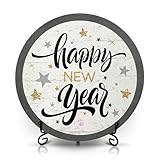 seclate Happy New Year Decor - 8' Round Wood Decor with Iron Stand - New Year Sign Christmas Gifts for Women Friends Coworker Teacher - New Year Ornaments - D01