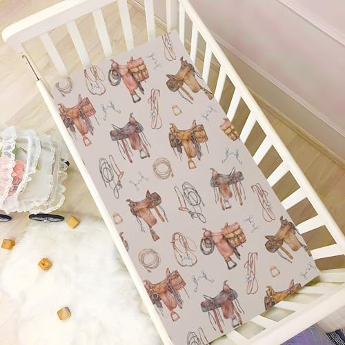 Image of Western Cowboy Pattern Crib Sheets Soft Breathable Fitted Baby Crib Sheets Mattress Cover for Girls Boys, 52 inch x 28 inch x 9 inch