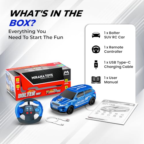 Image of Mirana Bolter SUV Remote Control RC Car for Kids | 1:24 Scale Racing Toy | with 1.5X Turbo Boost, LED Lights & Anti Skid Tyres | USB Type-C Rechargeable | Gift for Boys & Girls 4+ Years, Blue