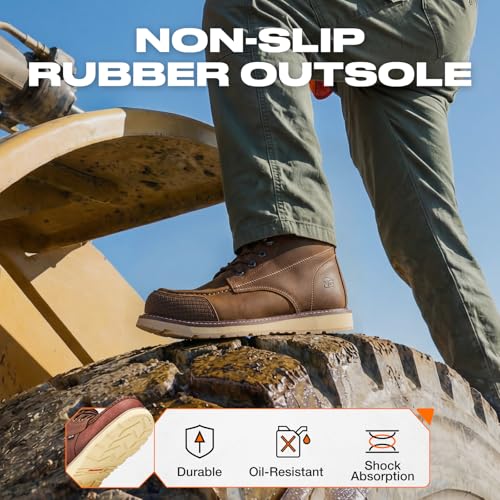 Image of NINGO Steel Toe Work Boots for Men, 6 Inch Full Grain Leather Moc Toe Boots for Men with Non Slip Wedge Outsole, Durable TPU Protective Toe Cap Mens Safety Shoes EH Rated for Construction Welding