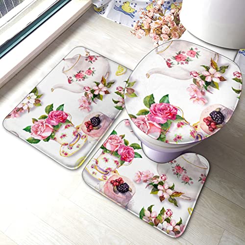 DIRYKILP Badematte + Konturmatte + Toilettendeckelbezug, Kuchen und Teekanne Floral 3 Stück Badematte Set, mit rutschfester Klebeunterseite
